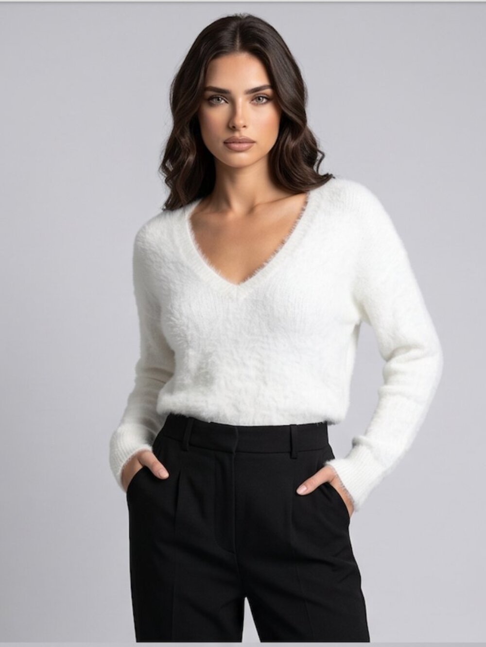 White Fuzzy Eyelash Knit Sweater V-Neck Long Sleeve Pullover